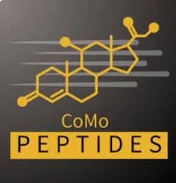 Graphic of a molecular structure in yellow with the text 'CoMo Peptides' below.