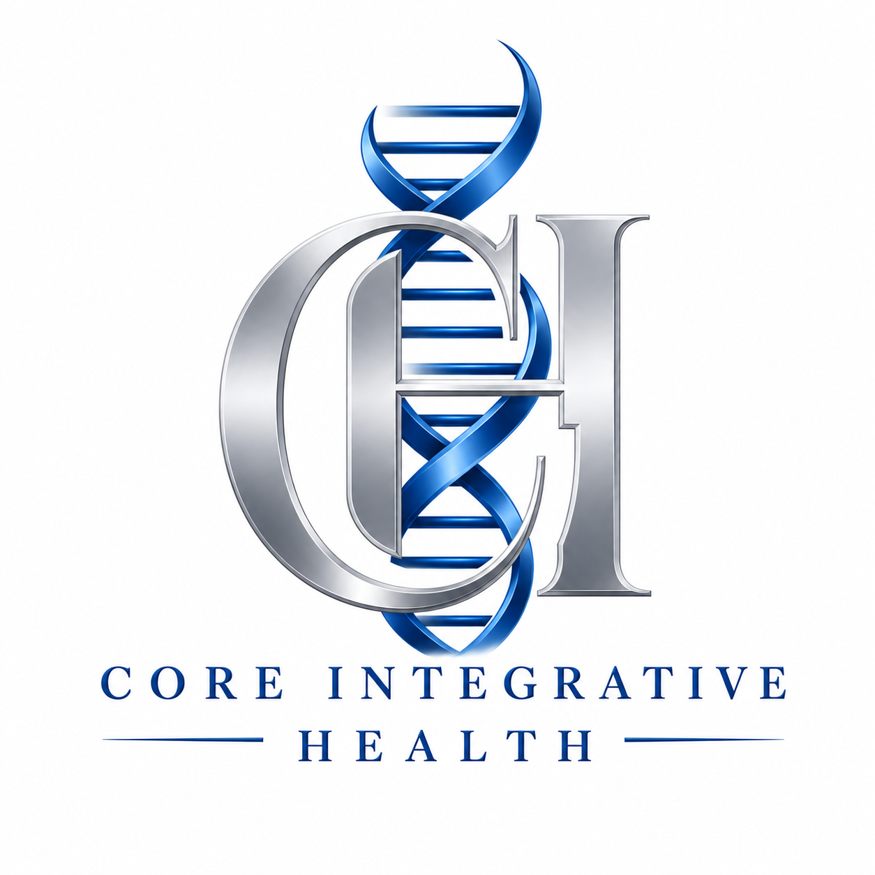 Logo with a double helix DNA strand intertwined with the letters C and H, with the words "Core Integrative Health" below.