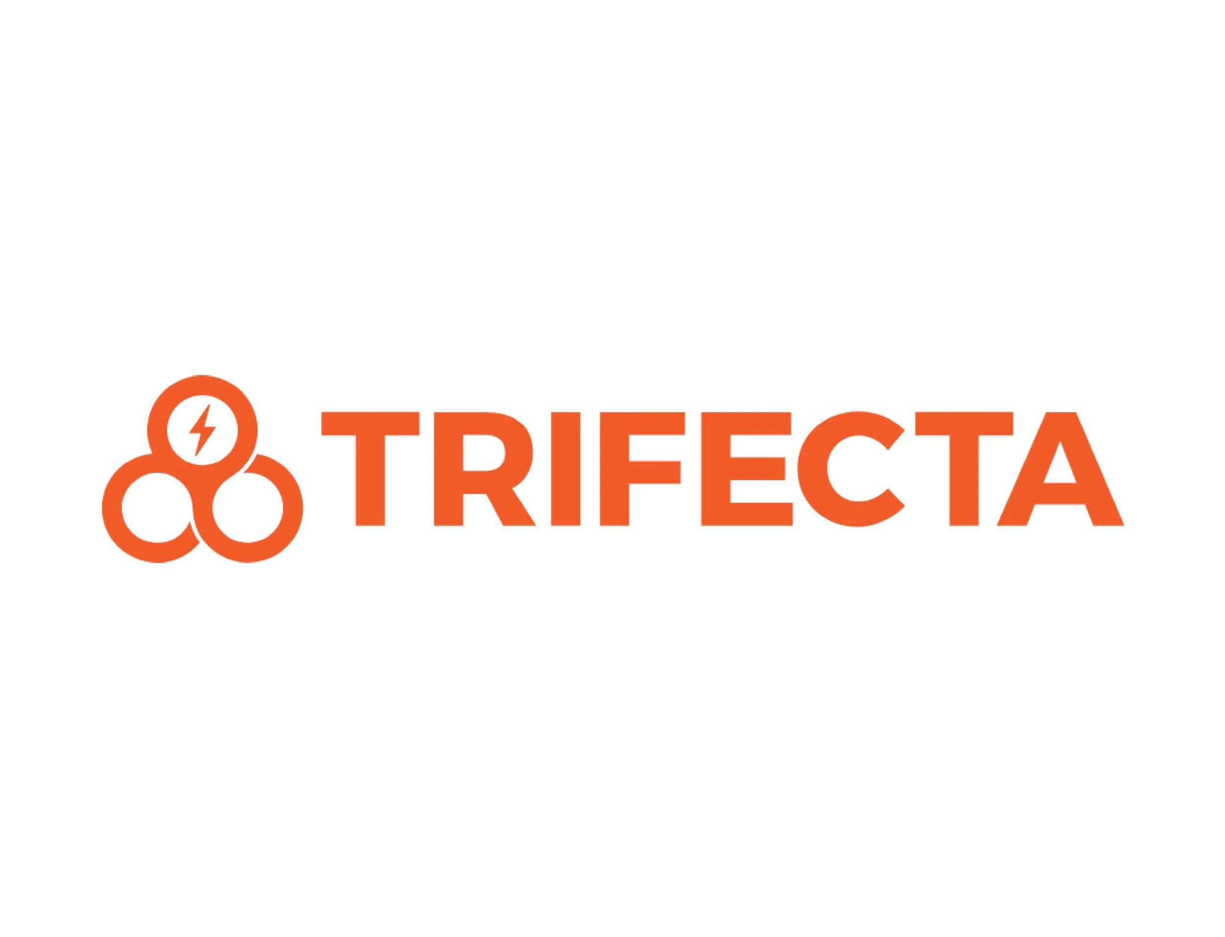 The logo features three interconnected orange circles with a white lightning bolt inside the top circle. To the right, the word 'TRIFECTA' is written in bold orange capital letters.