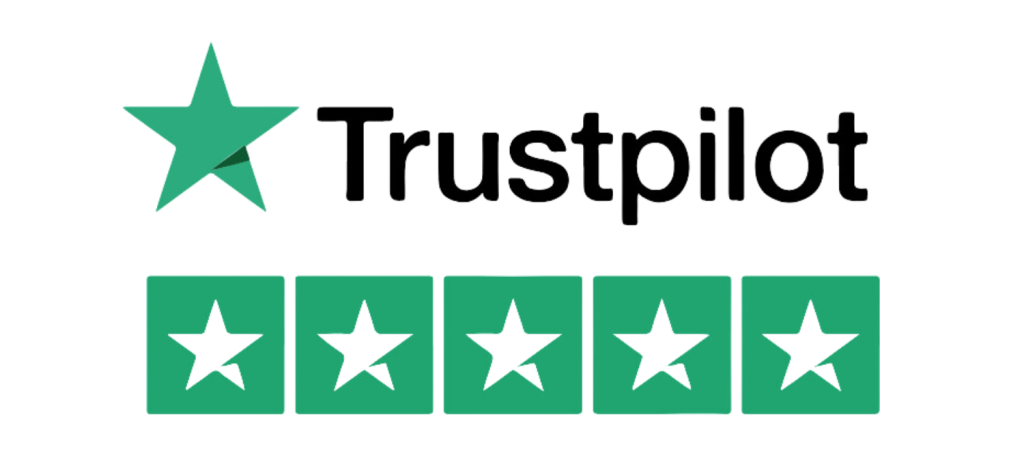 Das Trustpilot-Logo mit einem grünen Stern und fünf Bewertungssiegeln darunter, die alle Sterne mit unterschiedlichen Bewertungen zeigen.