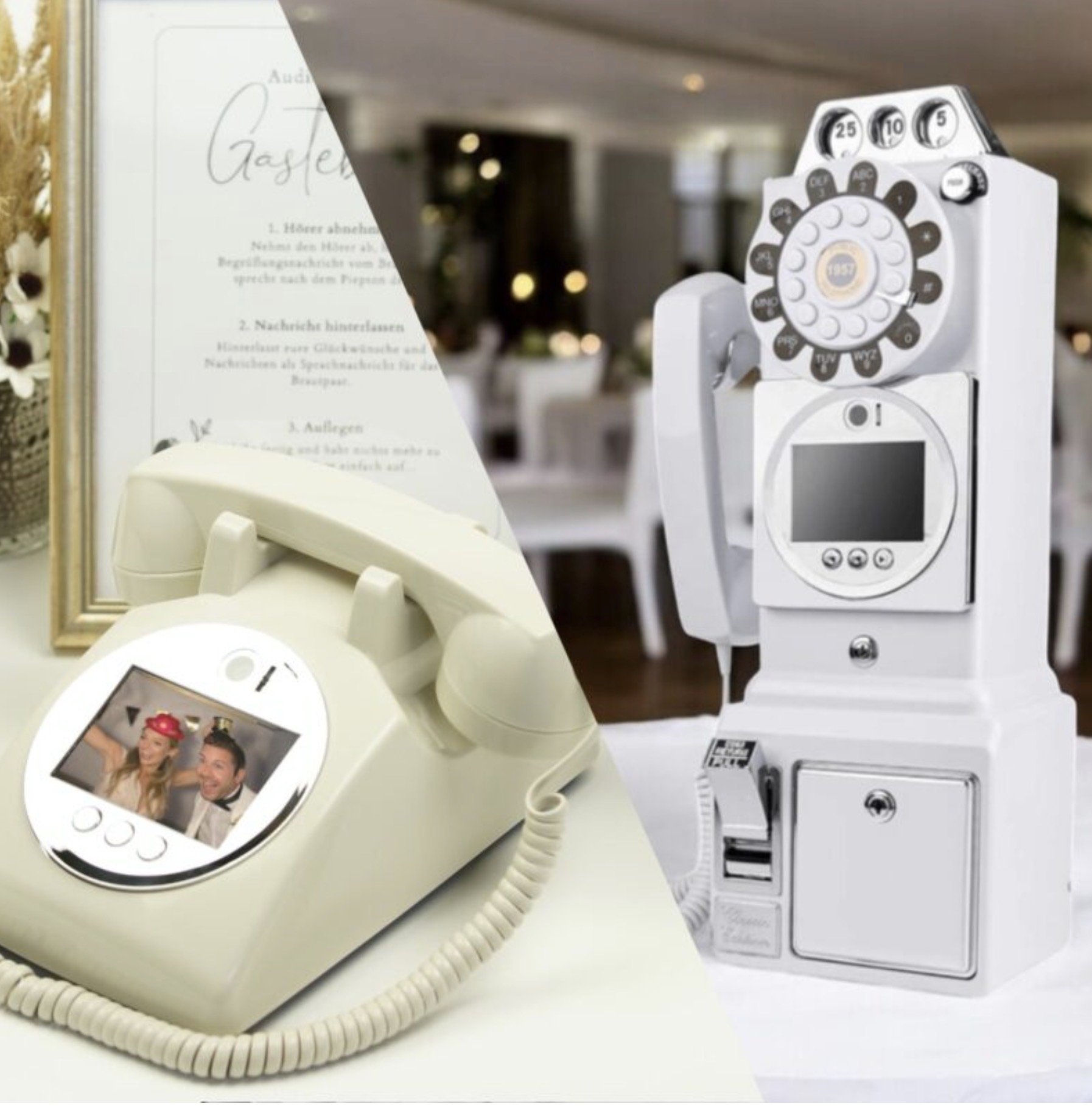 Audio Video Gästebuch Telefon, Zwei Vintage-Telefone, eines mit Sprachnachrichtennachricht und eines mit Münzautomat, aufgeteilt durch eine diagonale Linie, mit Hintergrund eines eleganten Raumes