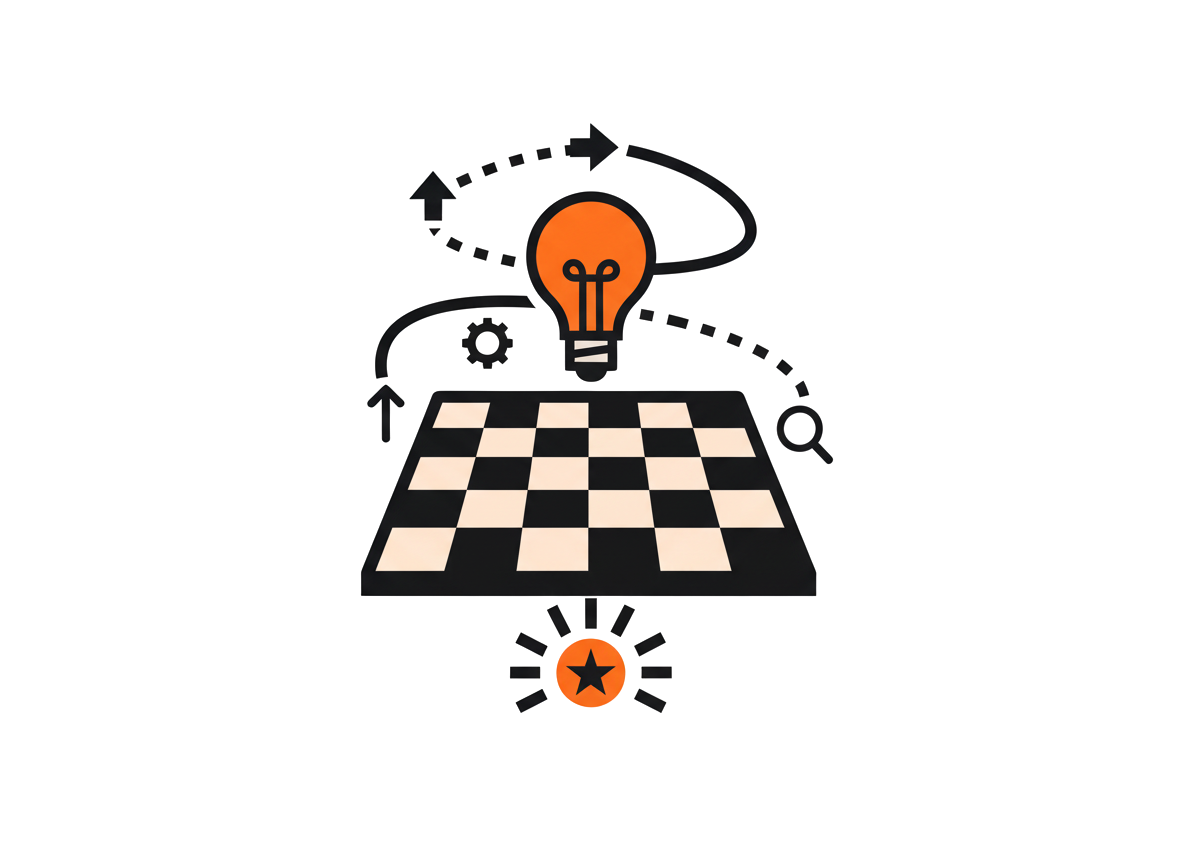 A digital illustration of a chessboard with a light bulb above it, connected by lines to gears and arrows, symbolizing ideas and strategy.