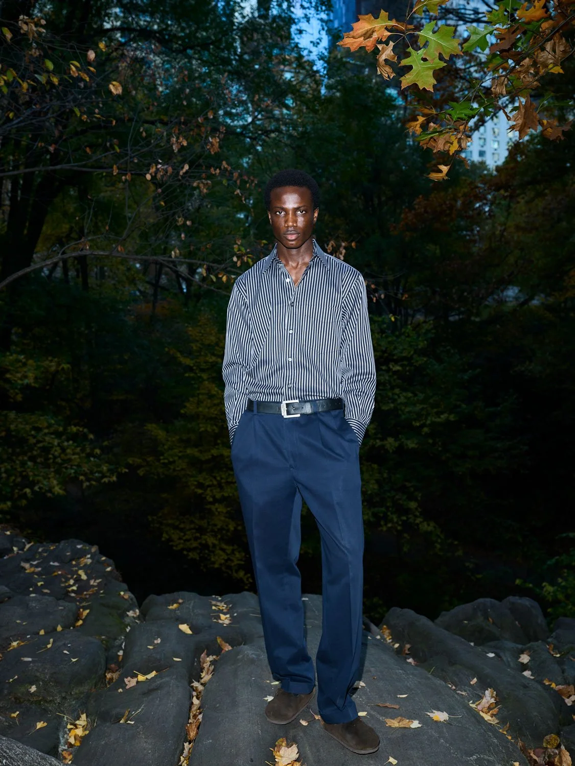A young man stands on rocks outdoors during dusk, wearing a striped button-up shirt, blue trousers, and brown shoes, with hands in pockets against a background of trees with autumn leaves and darkening sky.