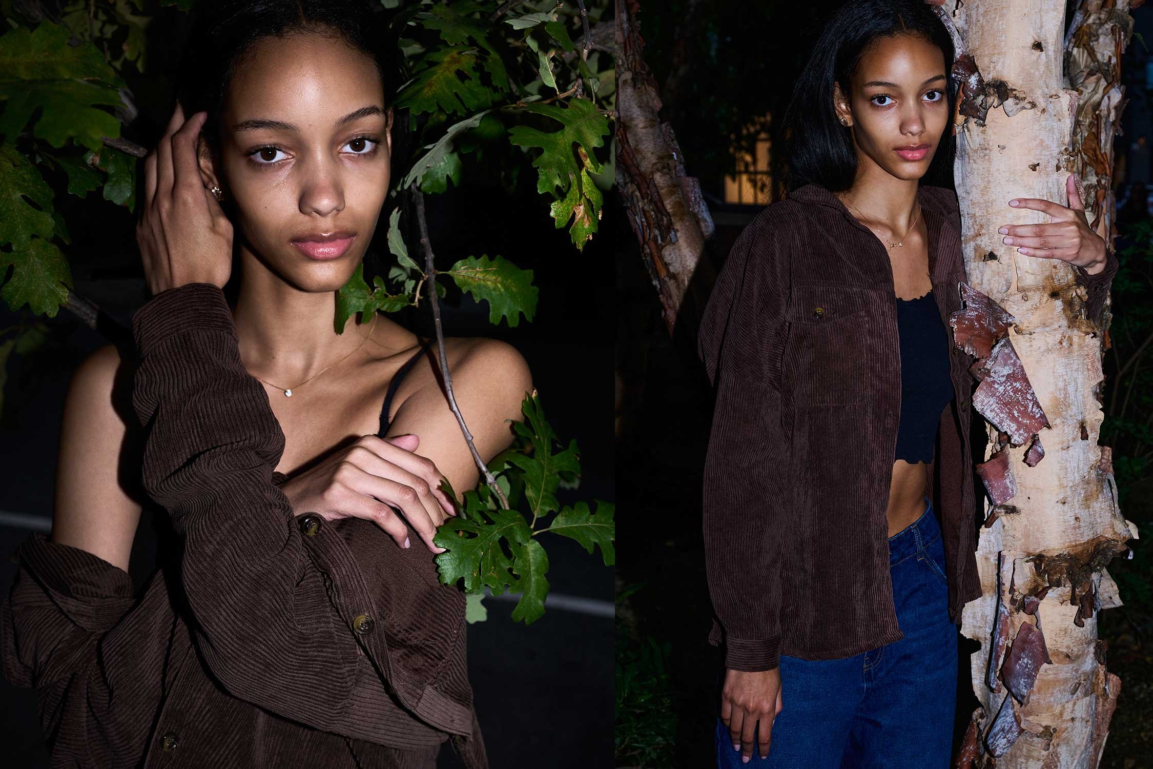 A side-by-side of two women outdoors at night, one with curly hair surrounded by green leaves, and the other with straight hair leaning against a tree trunk with peeling bark.