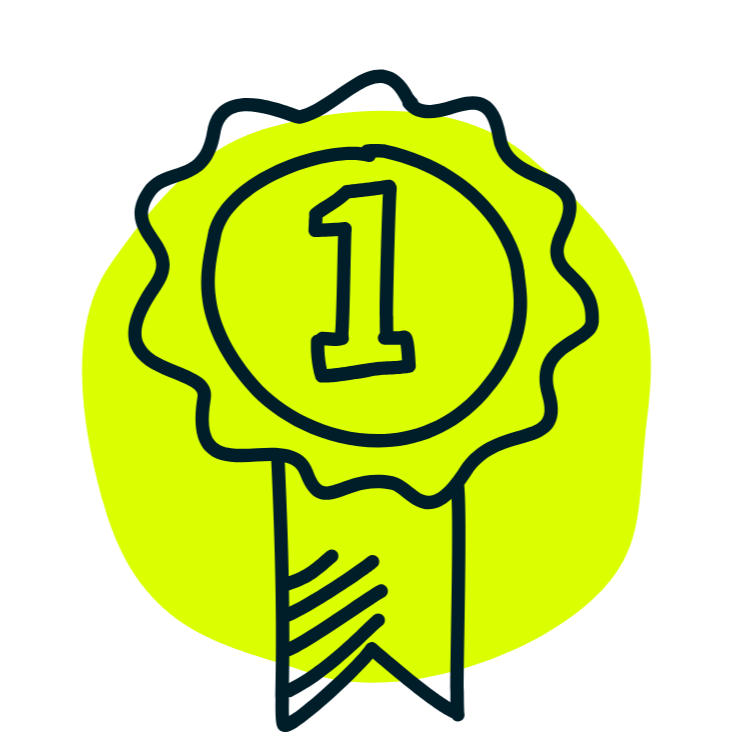 Drawn illustration of a first-place ribbon with a yellow center, the number 1, and a yellow circular background.