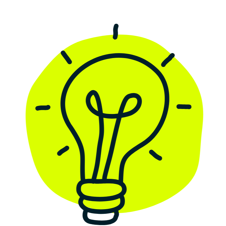 A simple illustration of a lit light bulb with a yellow background.