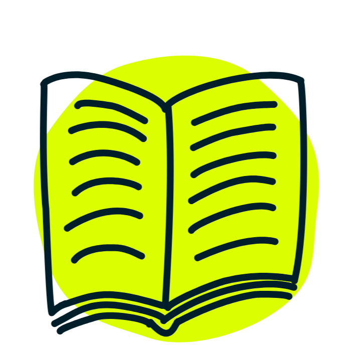 Illustration of an open book with black pages and lines, set against a bright yellow circular background.