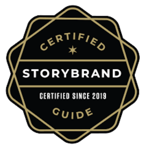 Gold geometric badge with the text 'Certified Storybrand Guide' inside.