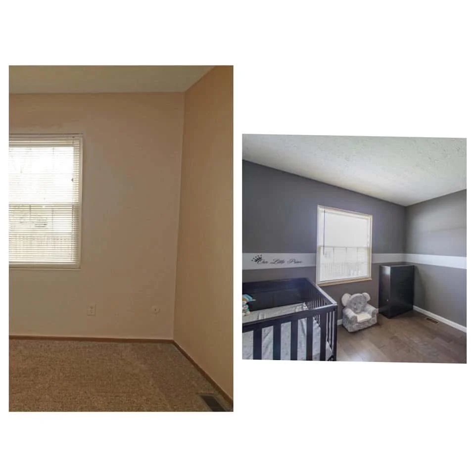 Comparison of two children's bedrooms, one unfurnished with beige walls and carpet, the other decorated with gray walls, a crib, a stuffed bear, and a small bookshelf.