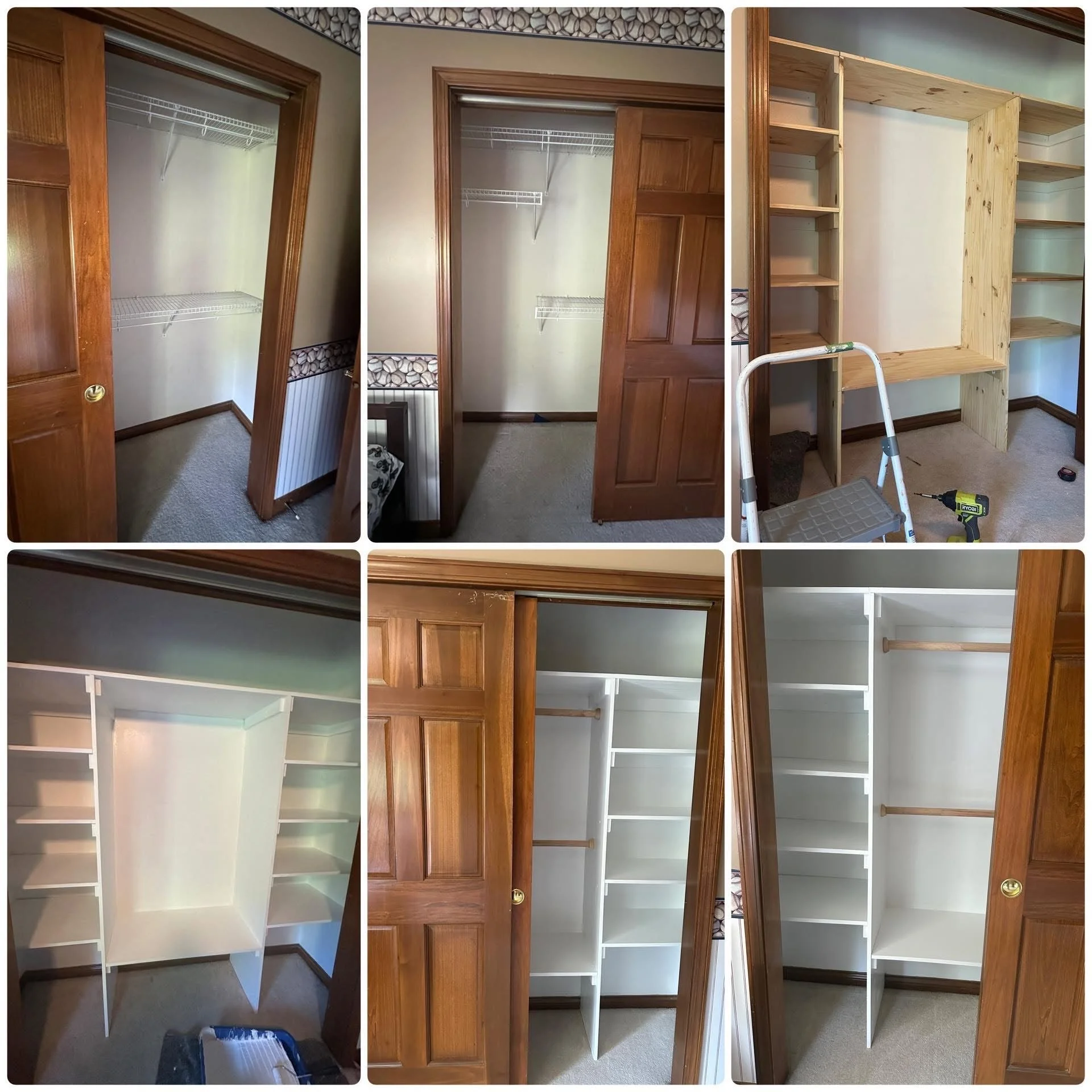 Collage showing the process of installing a built-in closet. The first row shows the empty closet, then with framing and shelves being added. The second row shows the closet with painted shelves, then finished with white paint and installed rods.