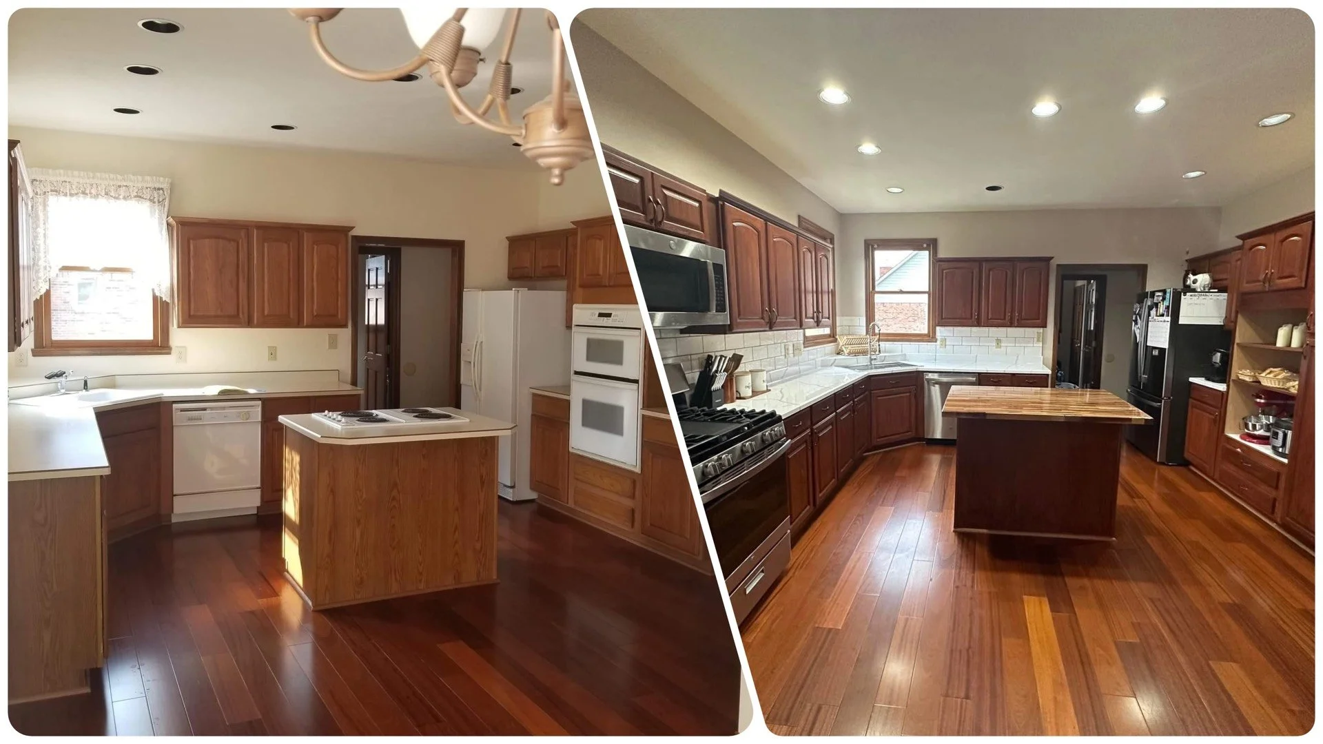 Before and after images of a kitchen renovation, showing new wooden cabinets, hardwood floors, and updated appliances.