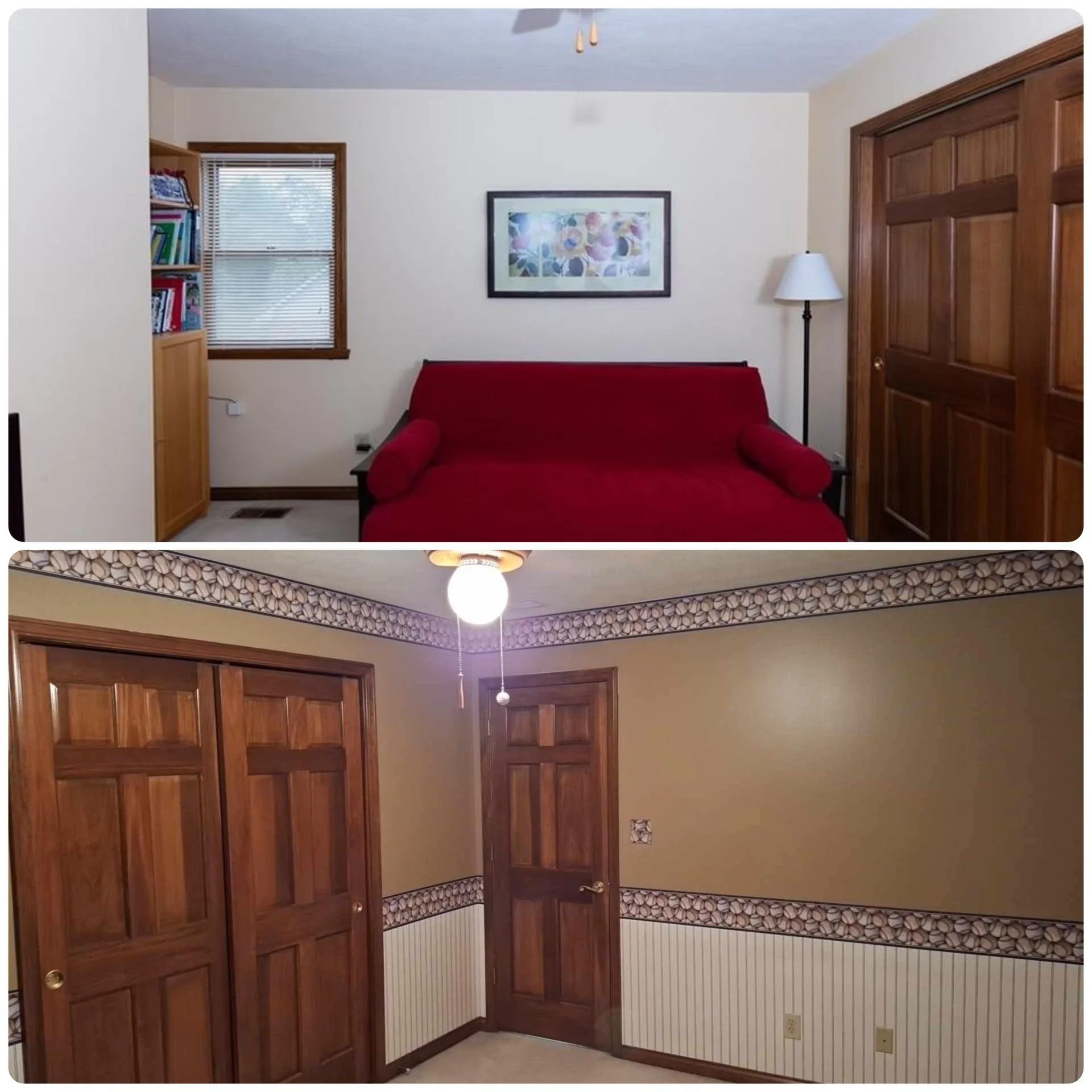 Two rooms, one above the other. The upper room has a red couch, a picture on the wall, a window with blinds, a bookshelf, and a closet. The lower room has wood-paneled doors, framed wood trim, a light fixture, and decorative wallpaper border.