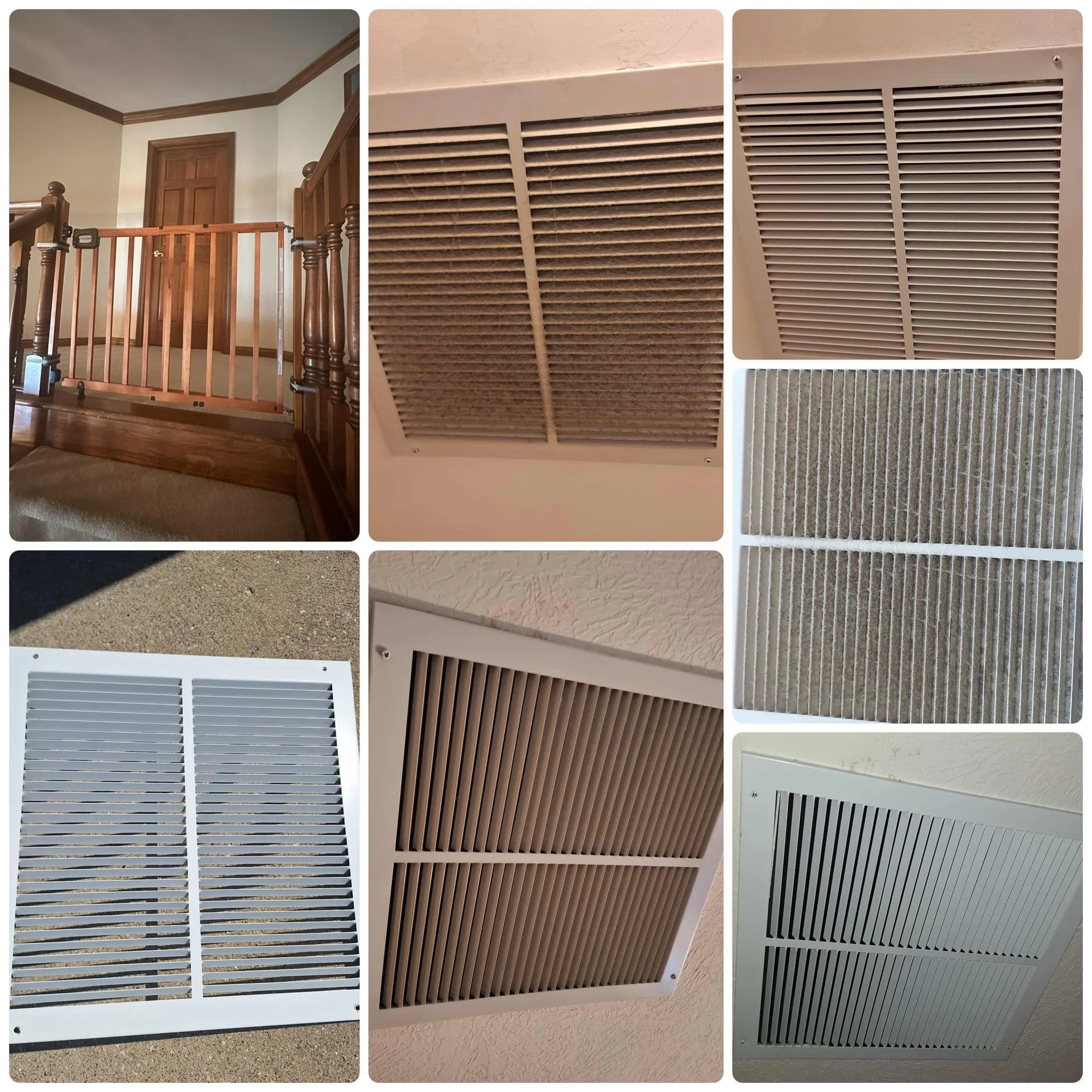 A collage of seven photos showcasing different types of air vent covers and filters, including ceiling and wall-mounted vents.