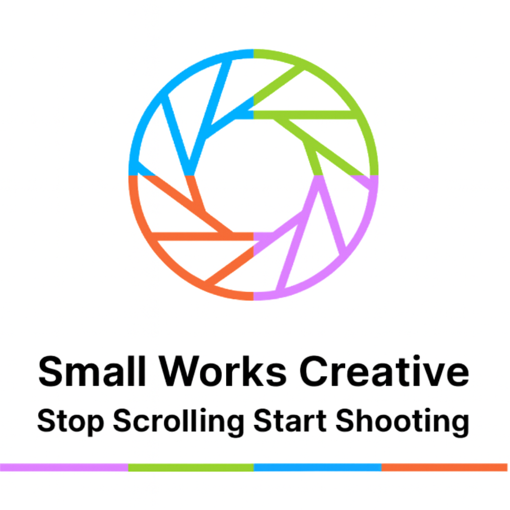 Colorful circular logo with the text "Small Works Creative Stop Scrolling Start Shooting" underneath.