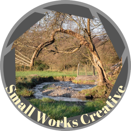 A winding river or stream flowing through a grassy area with trees in the background, on a sunny day.