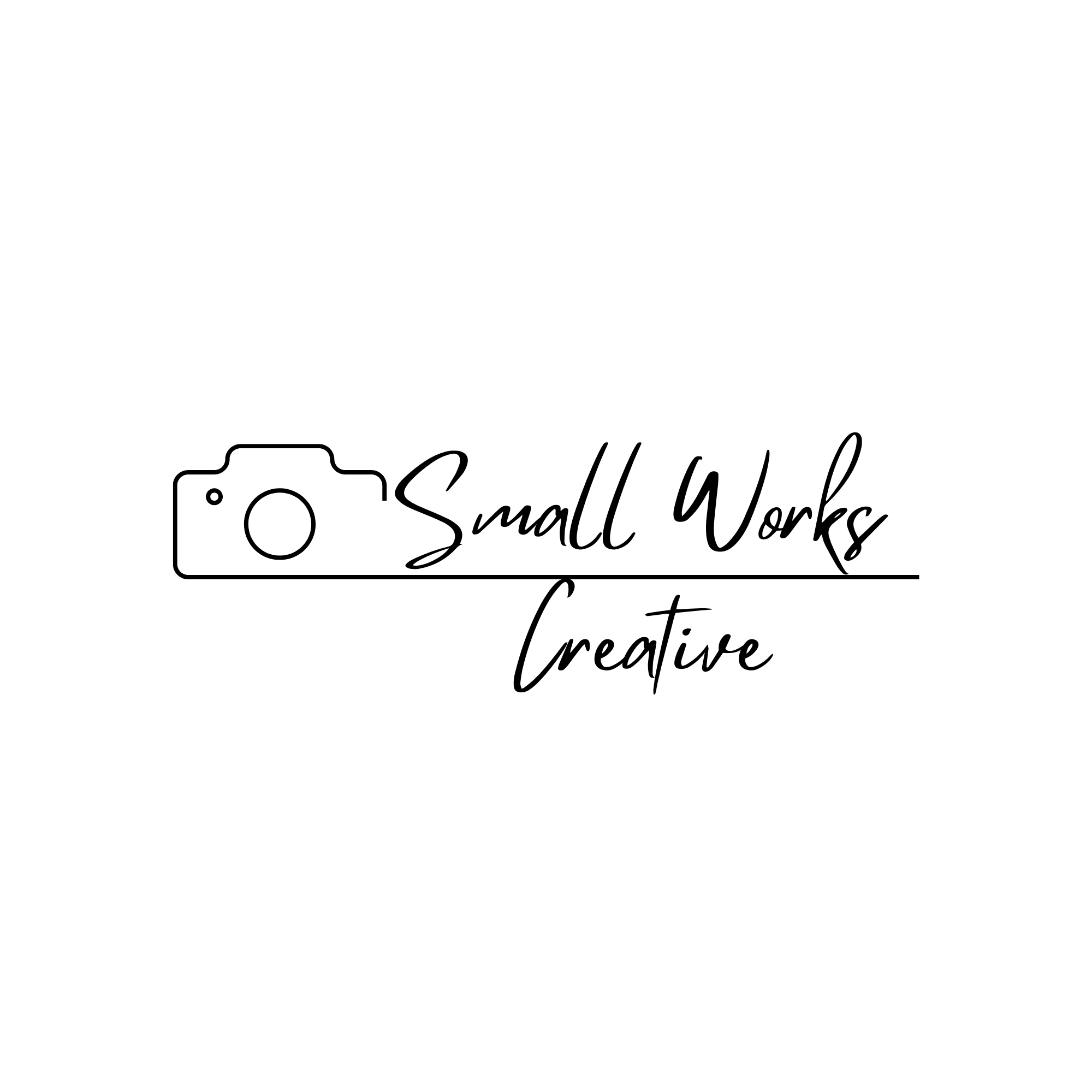Black and white graphic with a camera icon and the phrase 'Small Works Creatives' in handwritten style.