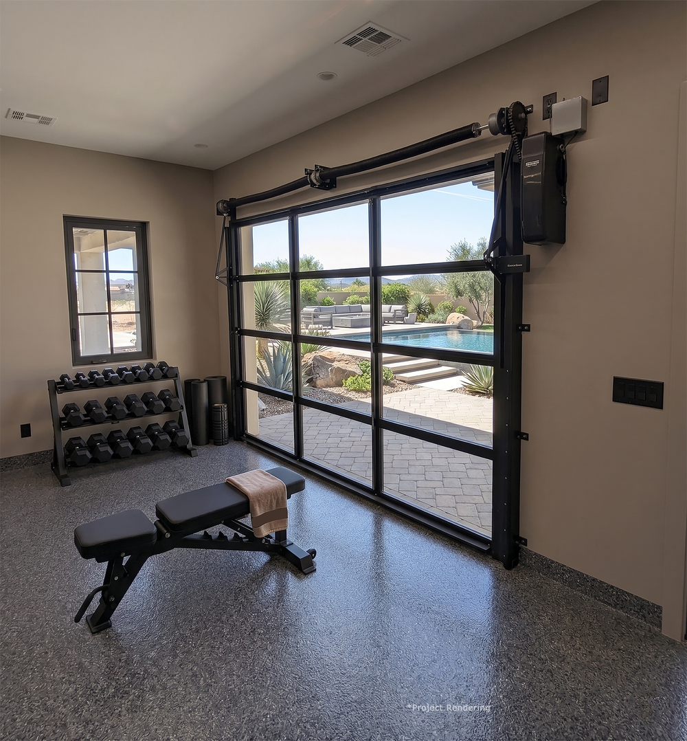 Trackless pivot system — home gym garage