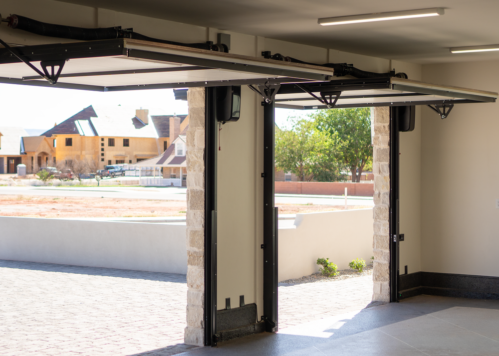 Trackless door in open position — interior view