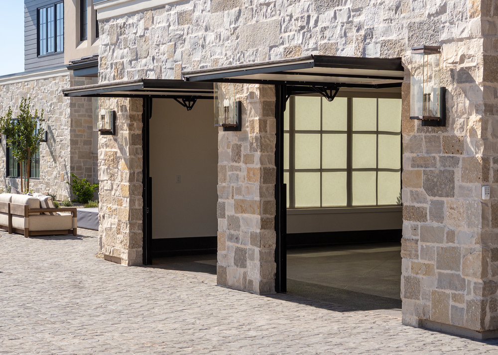 Trackless pivot door exterior wide