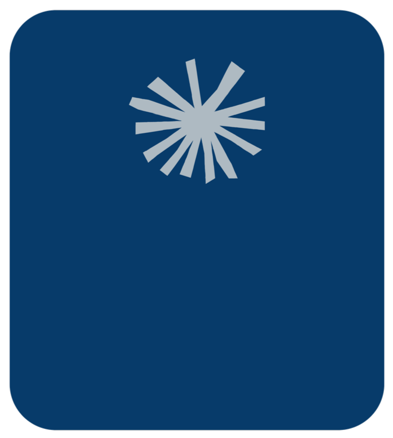 Blue background with a stylized white snowflake or starburst design at the top center.