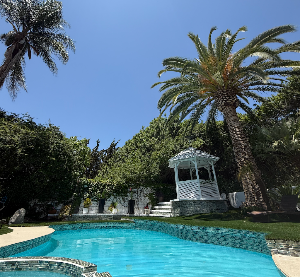 A backyard with a swimming pool, palm trees, and a white gazebo under a clear blue sky.