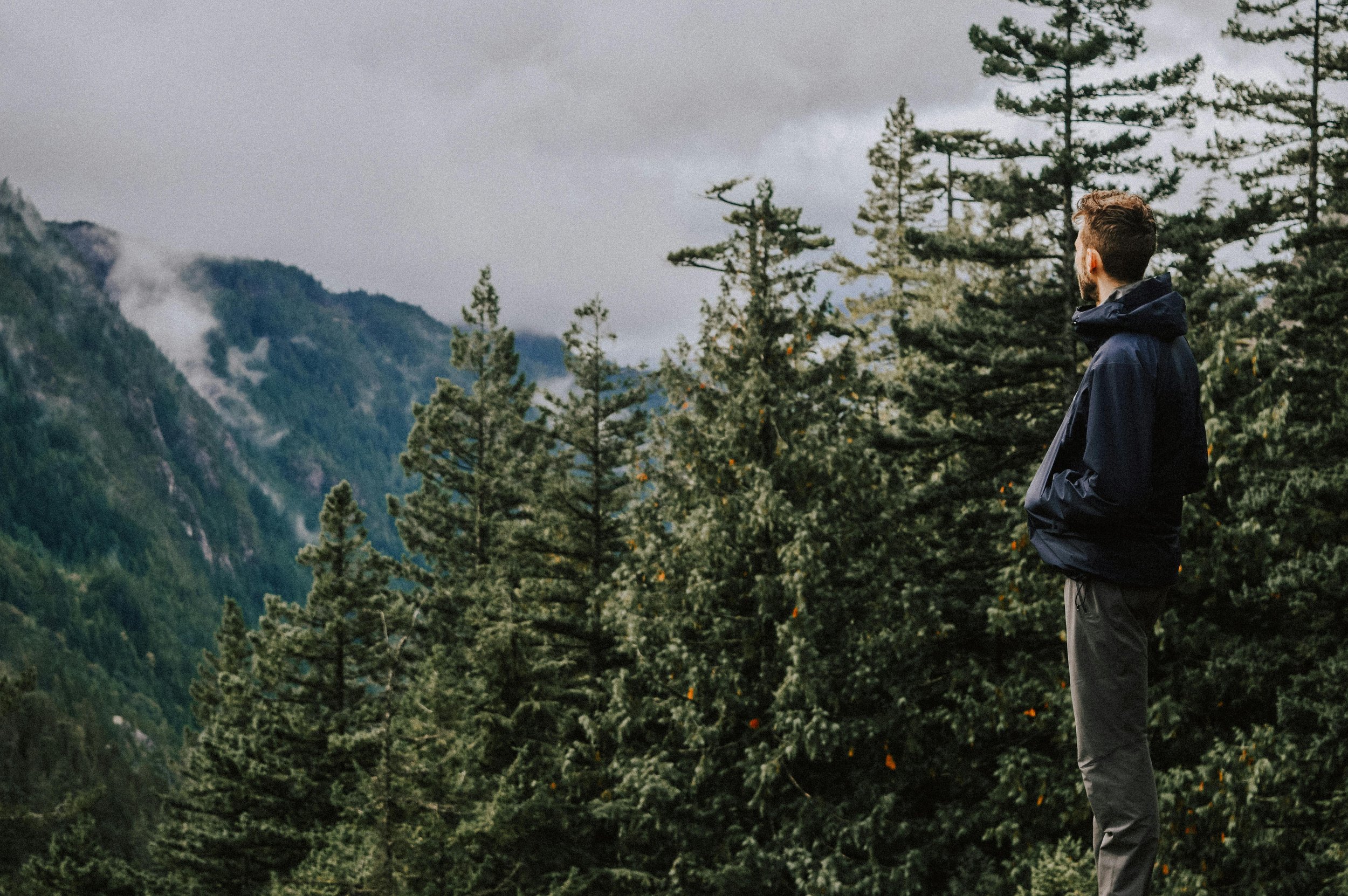 A man standing in a forested mountain landscape, looking at the distant mountains, wearing a dark jacket and pants, under a cloudy sky.