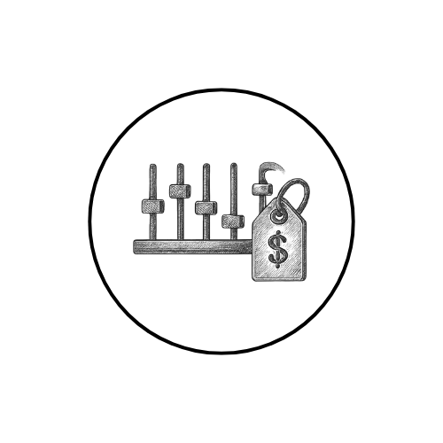 An icon of a sound mixer with five sliders and a price tag with a dollar sign.