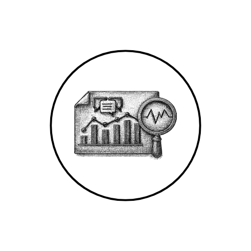 Drawing of a computer screen with a bar graph and line chart, a magnifying glass with a line graph inside, and a chat bubble above the screen.