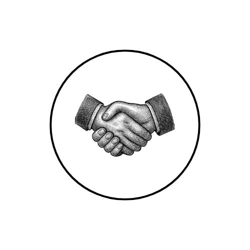 A black and white drawing of two hands shaking within a circle, symbolizing agreement or partnership.