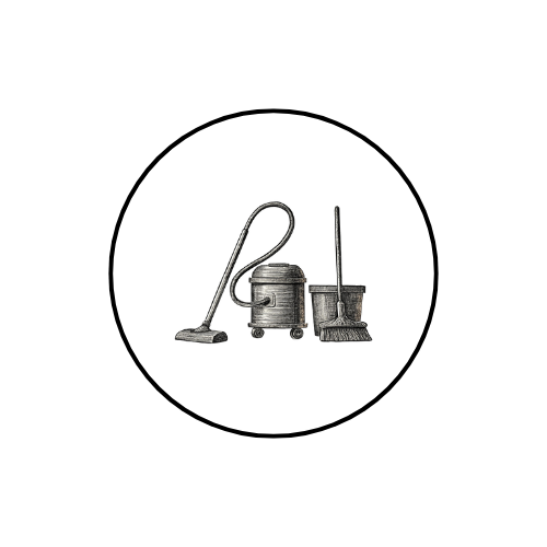 Illustration of cleaning tools including a vacuum cleaner, mop, and broom inside a circular border.