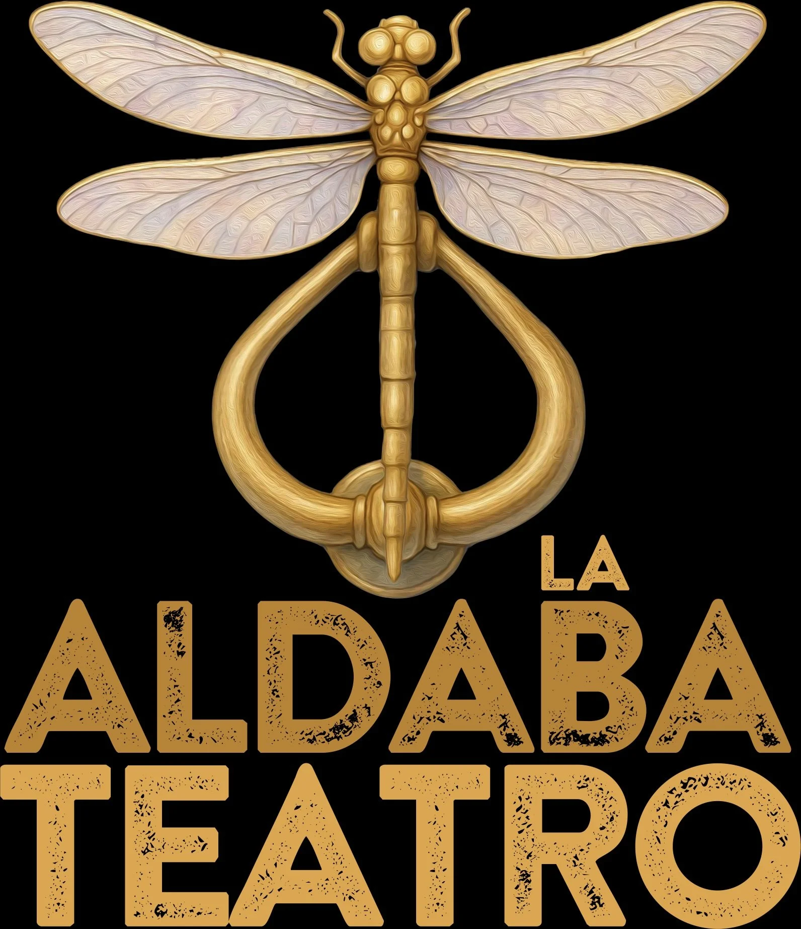 Logo de la compañía de teatro 'La libélula', que incluye los nombres Maribel Mesón y Distribución Teatral, con un dibujo de una libélula roja con alas y un diseño moderno en colores verdes, negros y rosados.