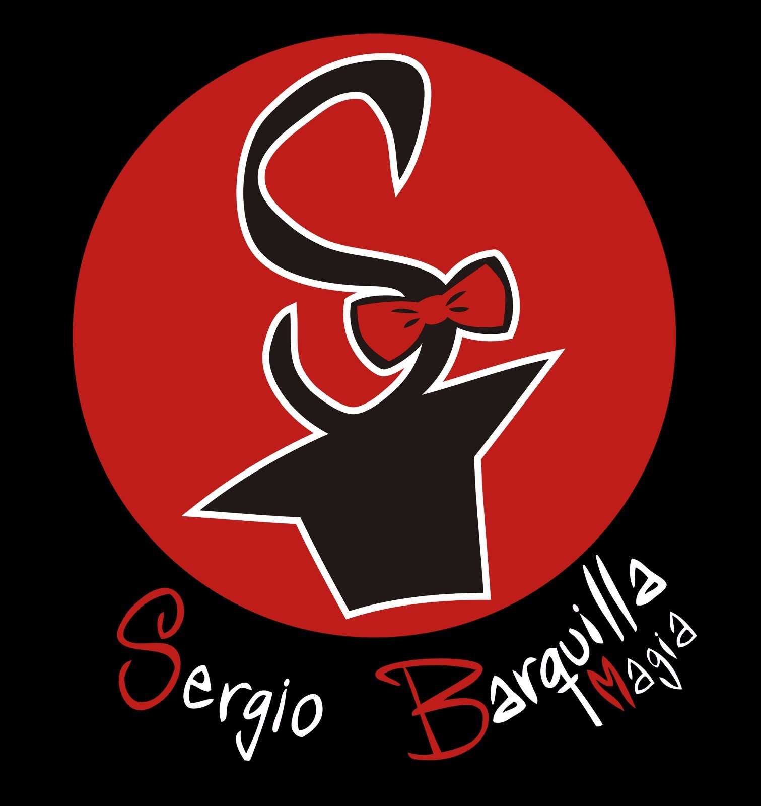 Logotipo de un conejo con moño en un fondo rojo y negro, con la leyenda 'Sergio Barquillo Magia' en letras decorativas blancas y rojas.