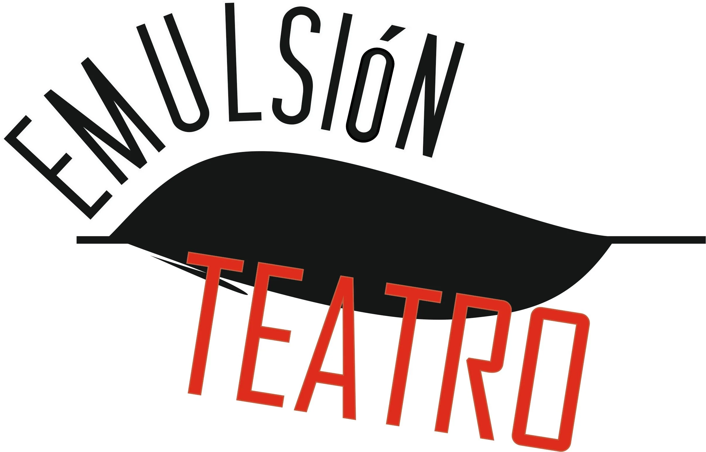 Logotipo del Emulsión Teatro con letras negras en la parte superior y letras rojas en la parte inferior, con una forma de pincel en medio.