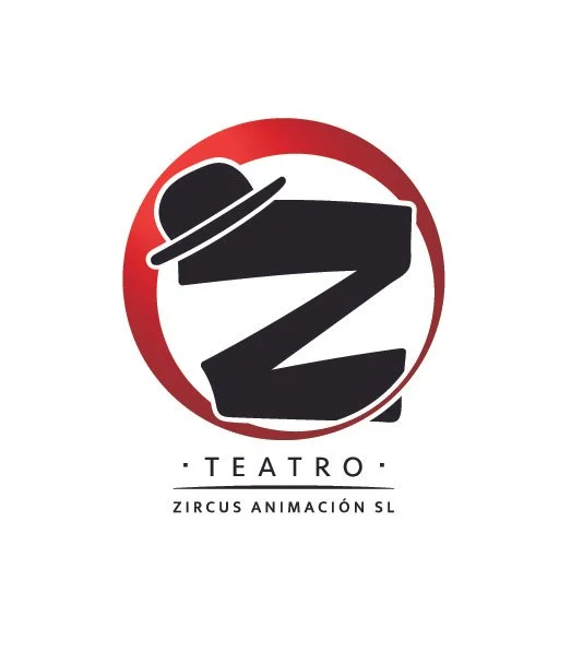 Logotipo de teatro con una figura de payaso y una letra Z, rodeado por un círculo rojo, con la leyenda 'Teatro Zirkus Animación SL'.
