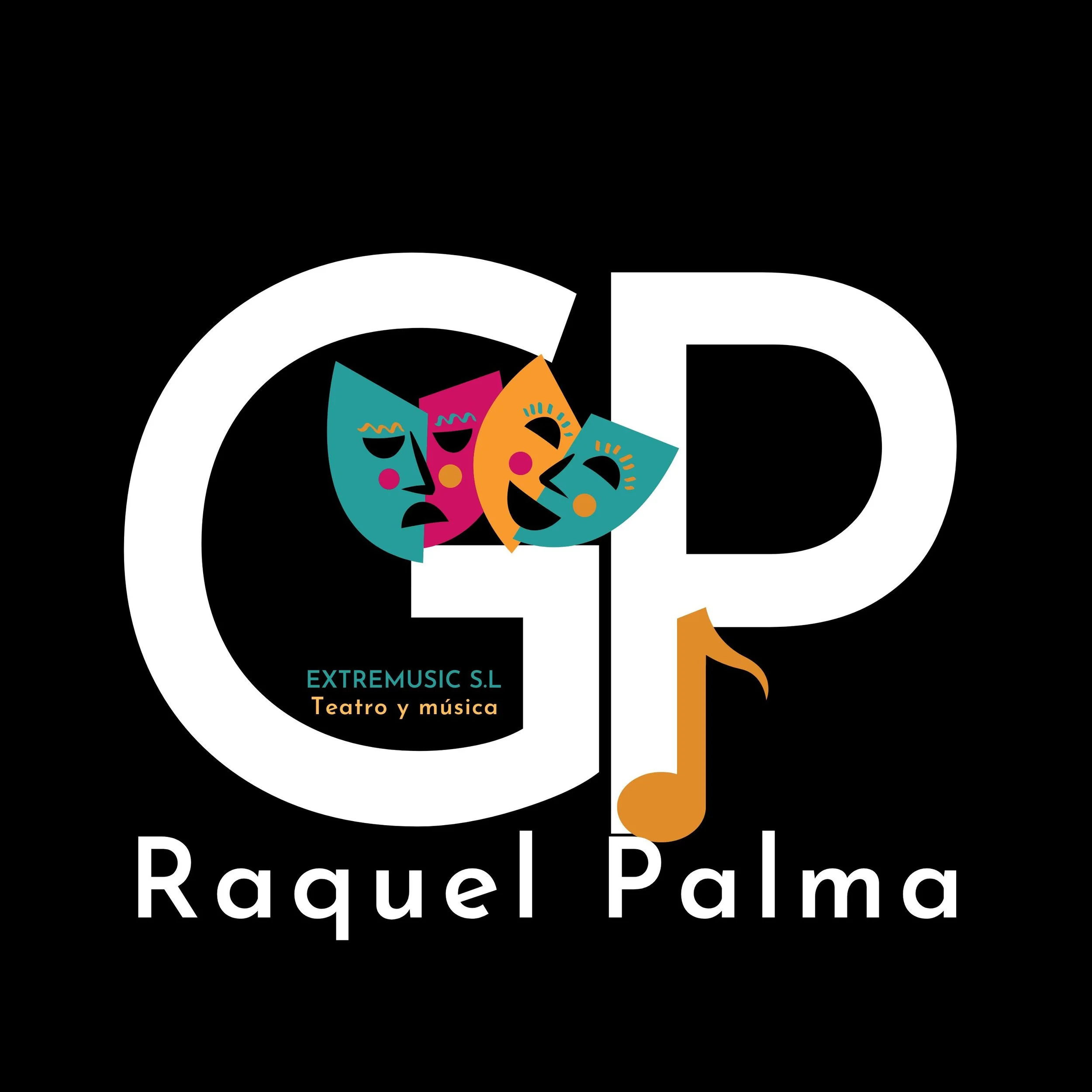 Logotipo de Raquel Palma con letras grandes G y P, con máscaras de teatro y notas musicales en colores como azul, rosa y naranja, sobre fondo negro.