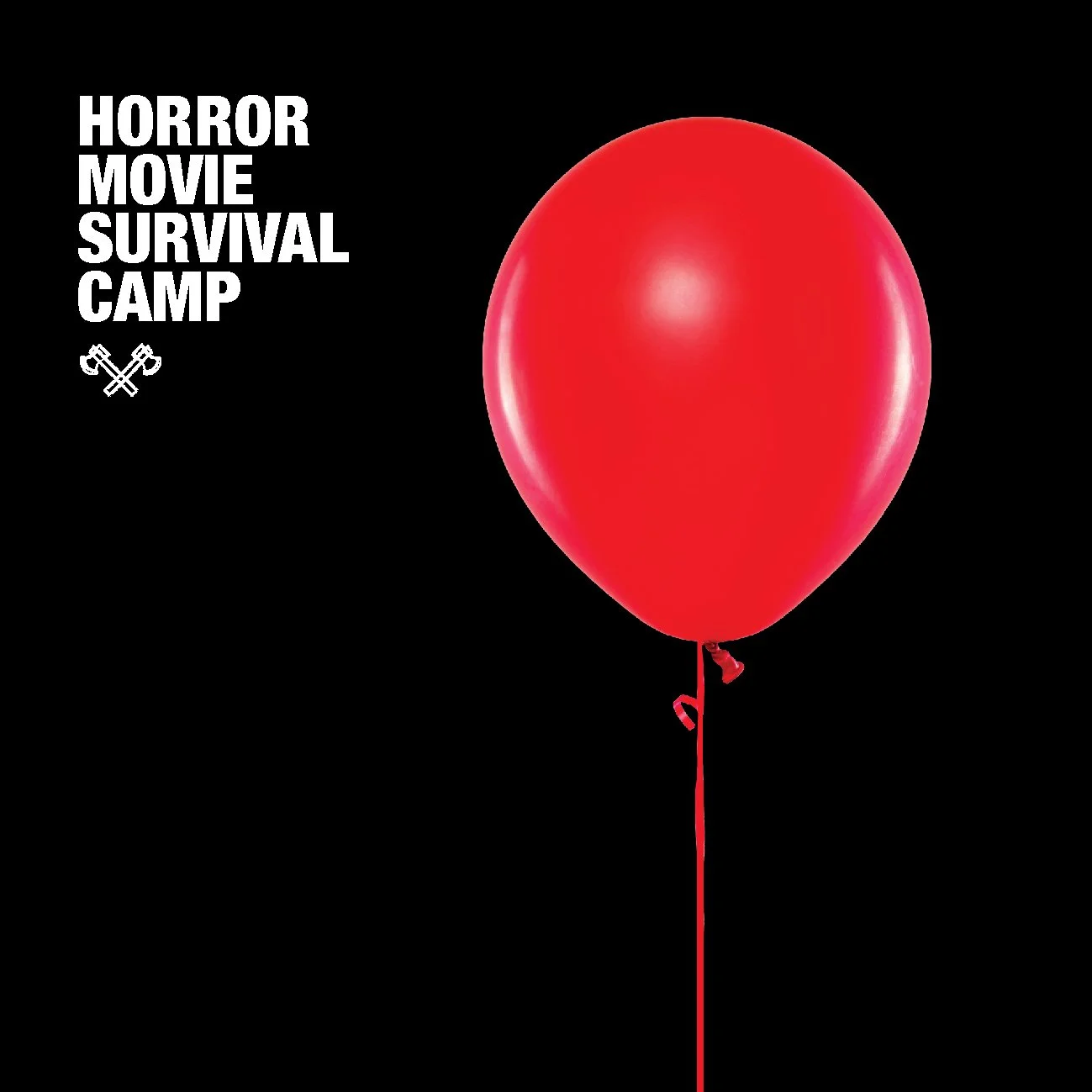 Black background with white text reading "Horror Movie Survival Camp" and a red balloon, with a red string hanging down.