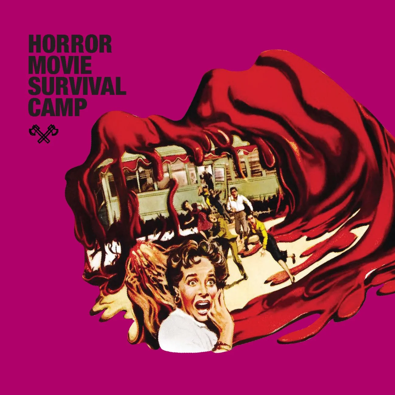 A vintage horror movie poster with a large monstrous red mouth and fur-covered teeth, resembling a creature or monster. Inside the mouth, there is a scene of women and men in a vintage setting, with a frightened woman in the foreground.