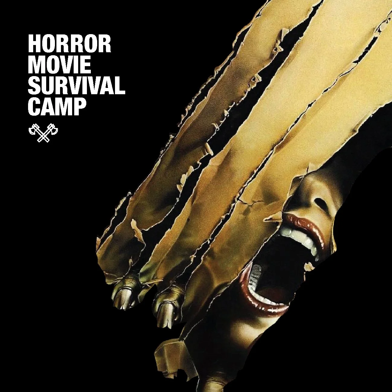 A collage of torn paper revealing a screaming woman's face and fingers in a horror movie poster style, with text that reads "Horror Movie Survival Camp" and a small cross icon.