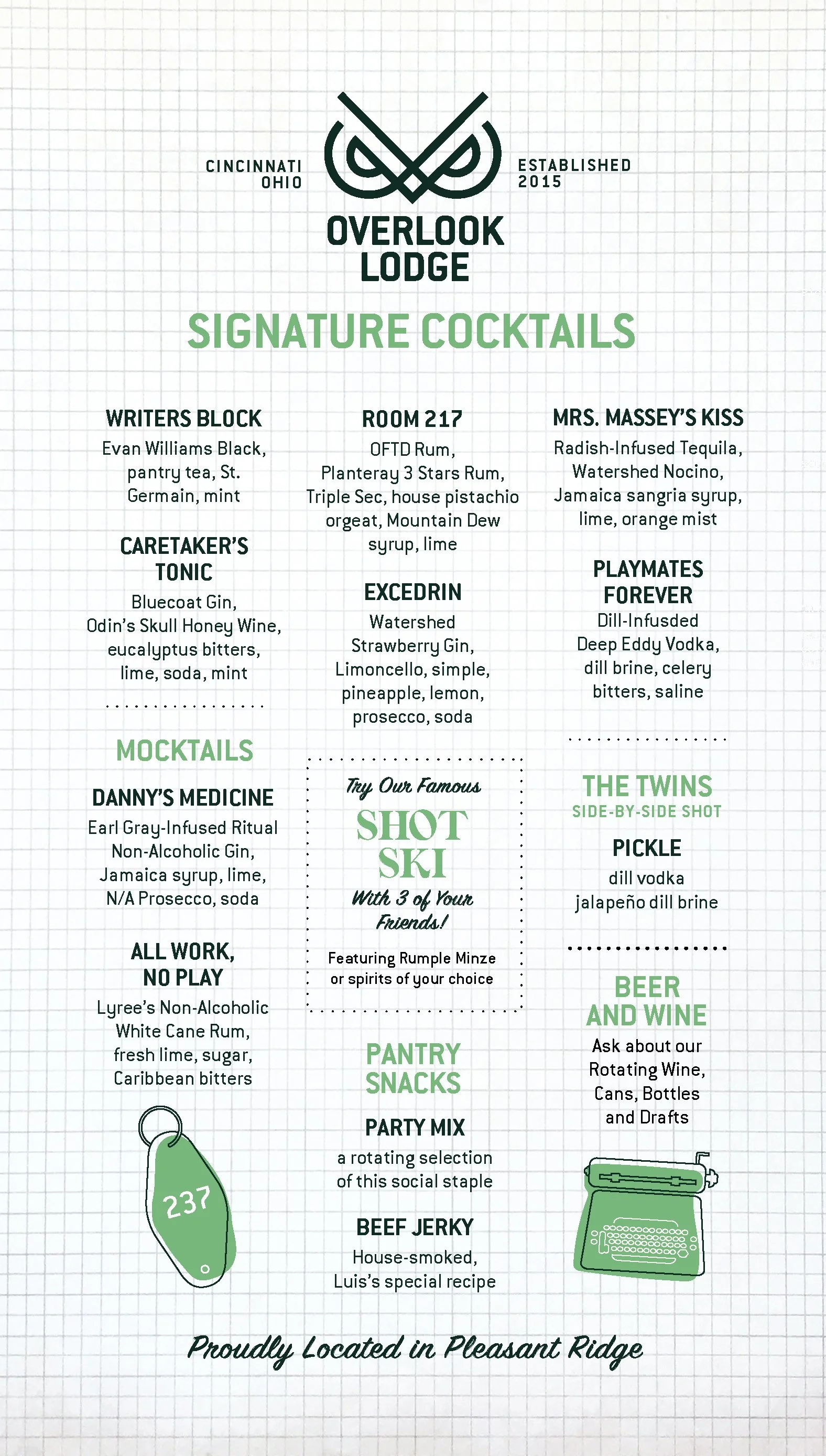 A menu for Overlook Lodge in Cincinnati, Ohio, featuring signature cocktails, mocktails, snacks, party mixes, beer, and wine, with decorative green illustrated elements and a grid background.