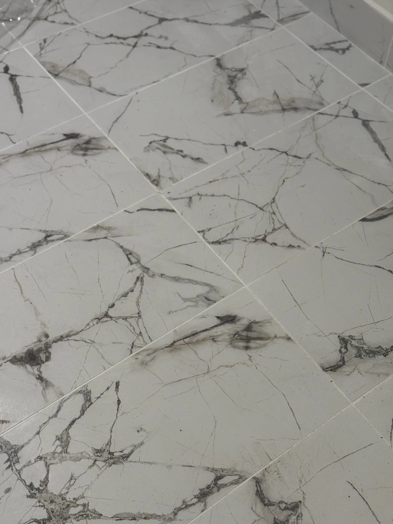 Close-up of a marble tile floor with white and gray veining.