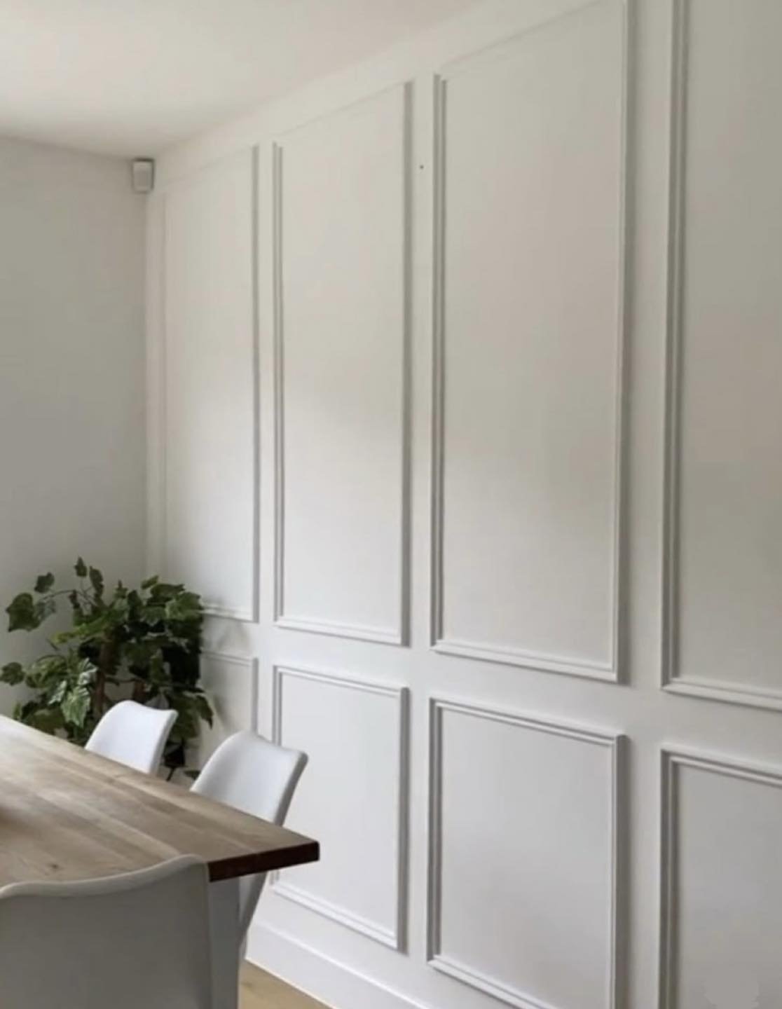 White wall with decorative molding, part of a dining area with a wooden table, white chairs, and a green potted plant in the corner.