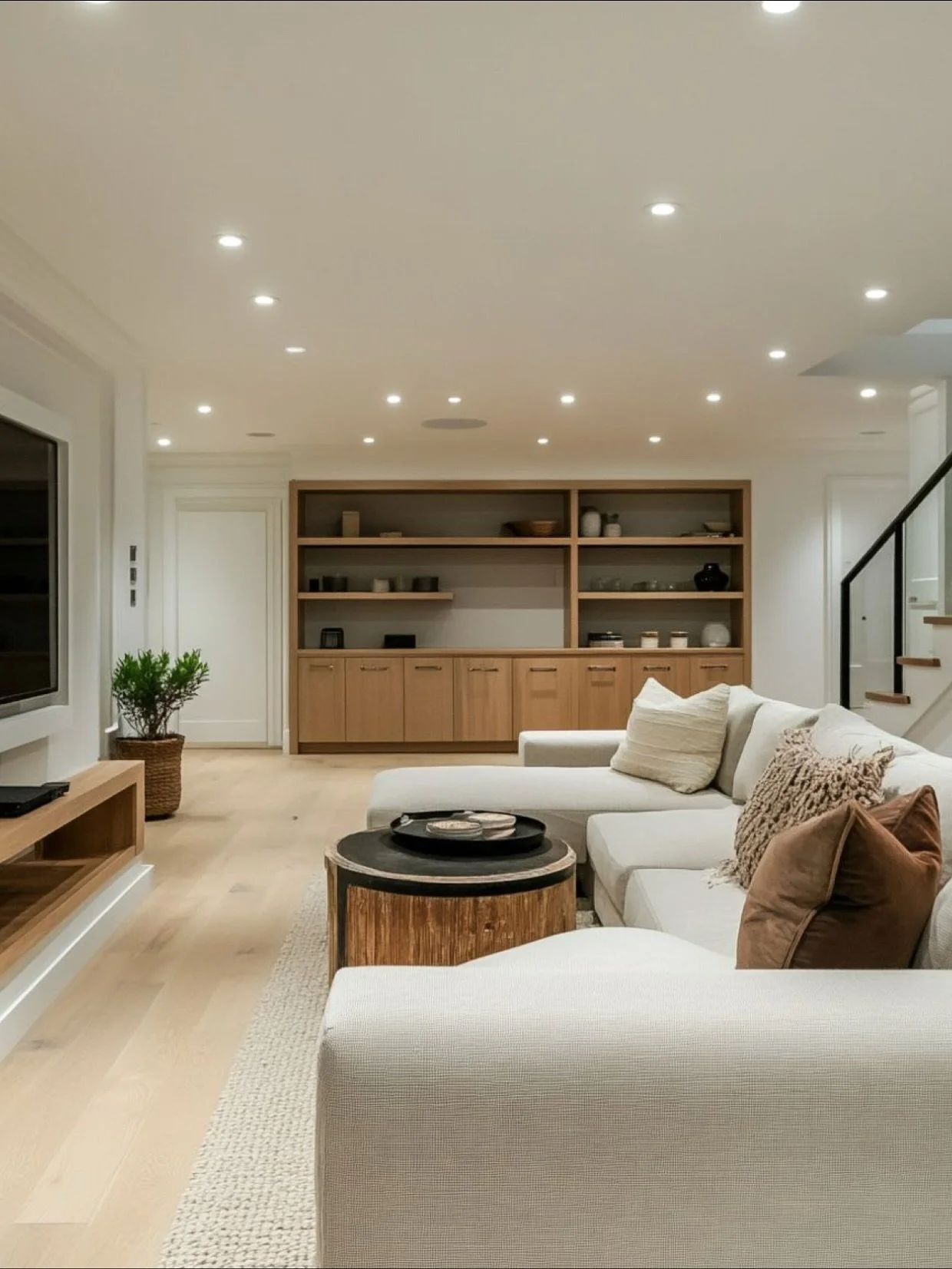 Living room with white sectional sofa, wooden coffee table, potted plant, built-in wooden shelving unit, and staircase, illuminated by multiple ceiling lights.