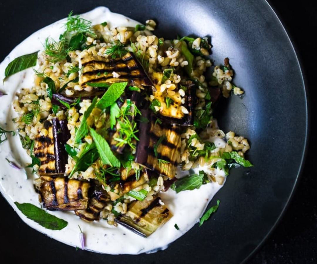 Grilled eggplant on yogurt