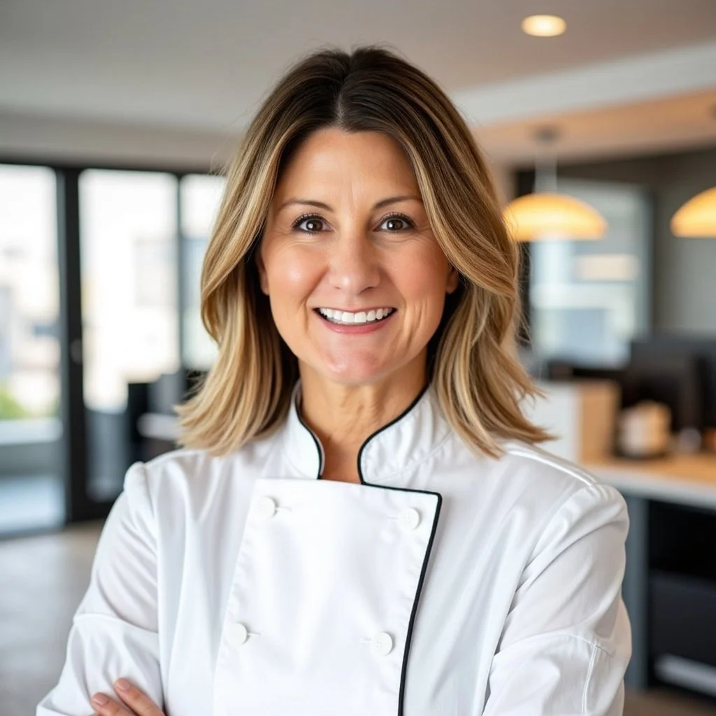 A smiling woman in a white chef's coat standing in a modern, well-lit kitchen.