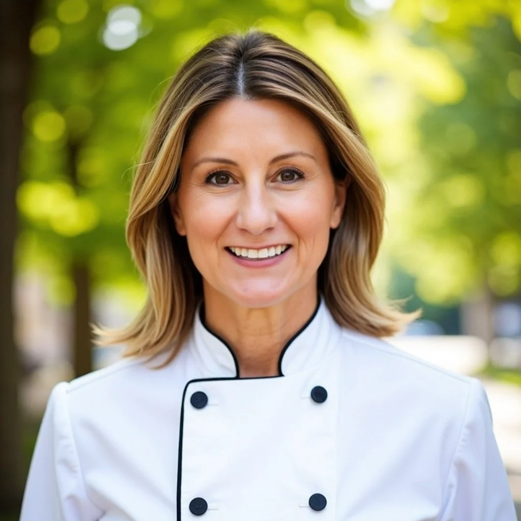 A smiling woman wearing a white chef's coat outdoors with trees and sunlight in the background.