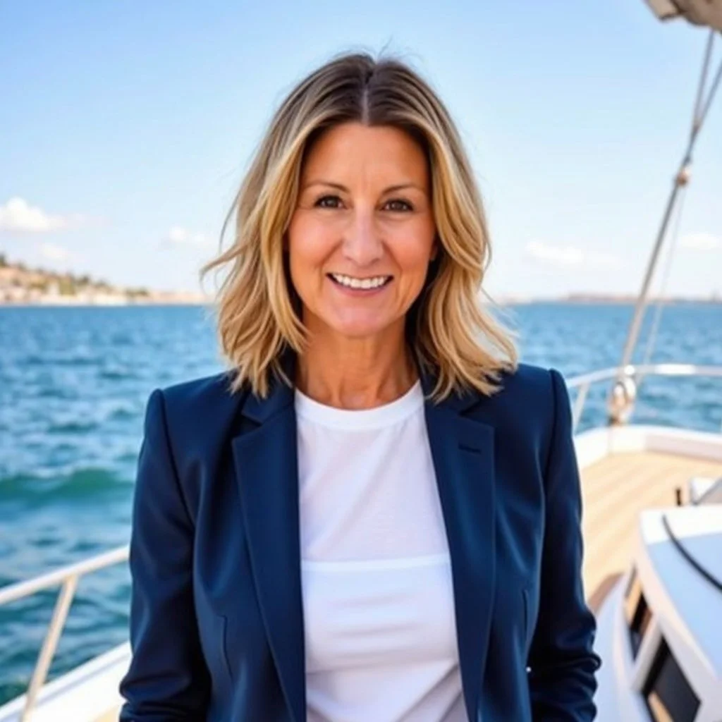 A woman with shoulder-length blonde hair smiles on a boat, with water and a distant shoreline in the background.