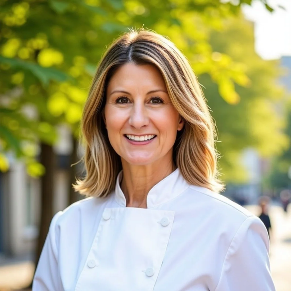 A smiling woman in a white chef's coat standing outdoors with blurred green trees in the background.
