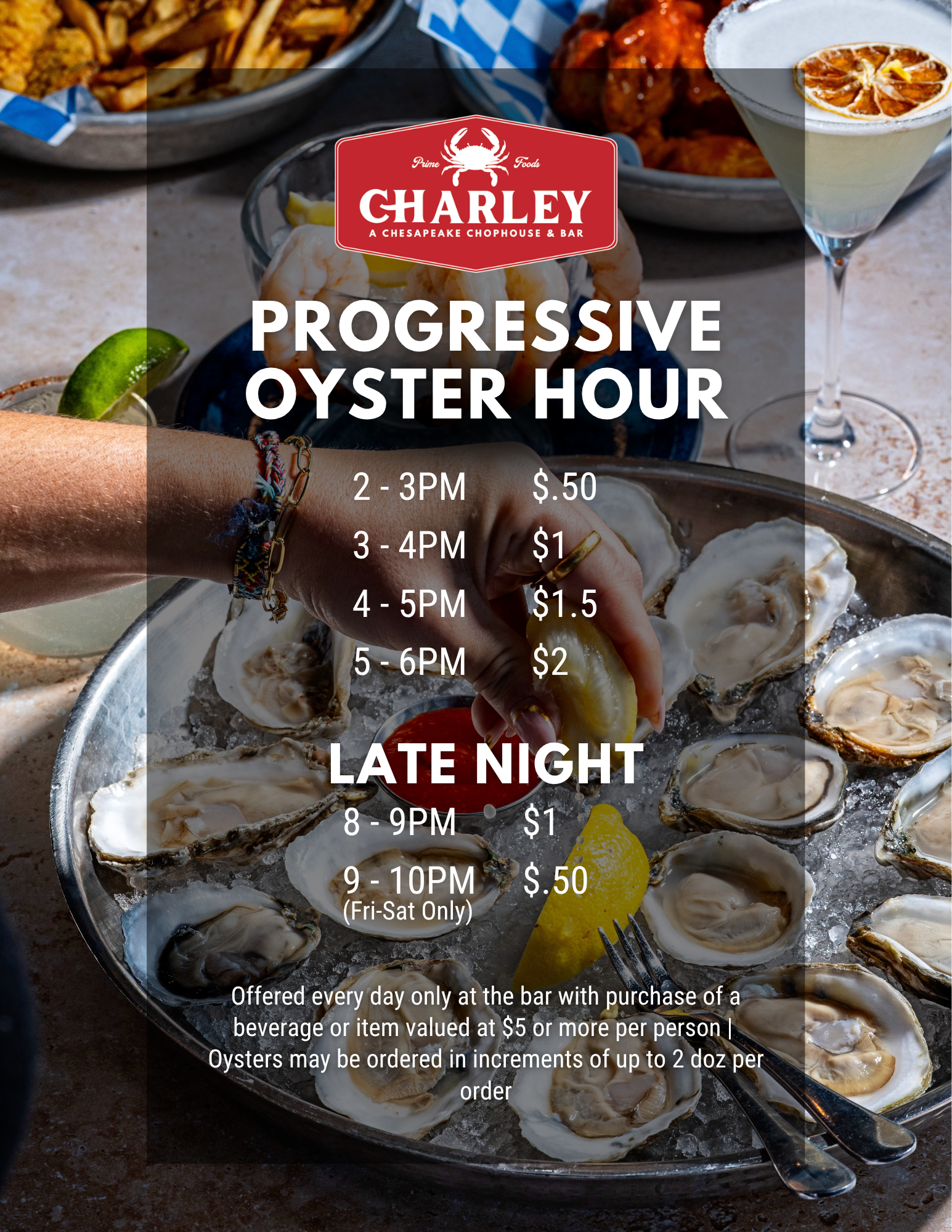 Food menu overlay at a seafood restaurant, featuring oysters on a platter with lemon wedges, a lime wedge, and a cocktail with a lemon slice garnish. The menu offers a progressive oyster hour with different prices for each hour and late night hours, available Friday and Saturday only.