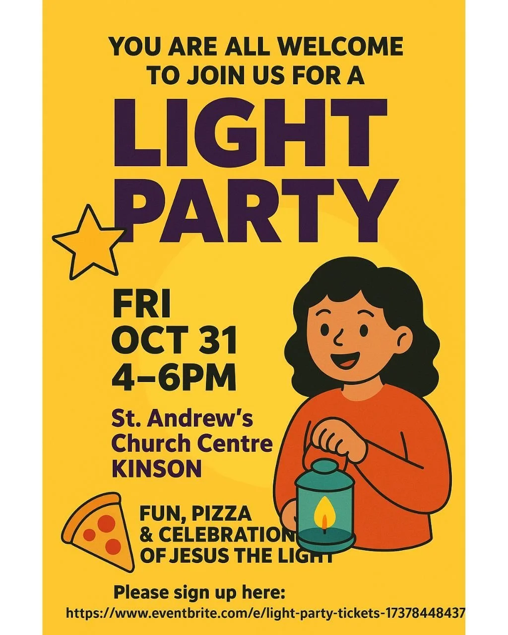 ✨ You’re invited to our LIGHT PARTY! ✨
🍕 Fun, pizza & celebration of Jesus the Light 💡
📅 Fri 31 Oct | 4–6 PM
📍 St. Andrew’s Church Centre, Kinson
Come along for games, joy & community!
💛 Everyone is welcome — co