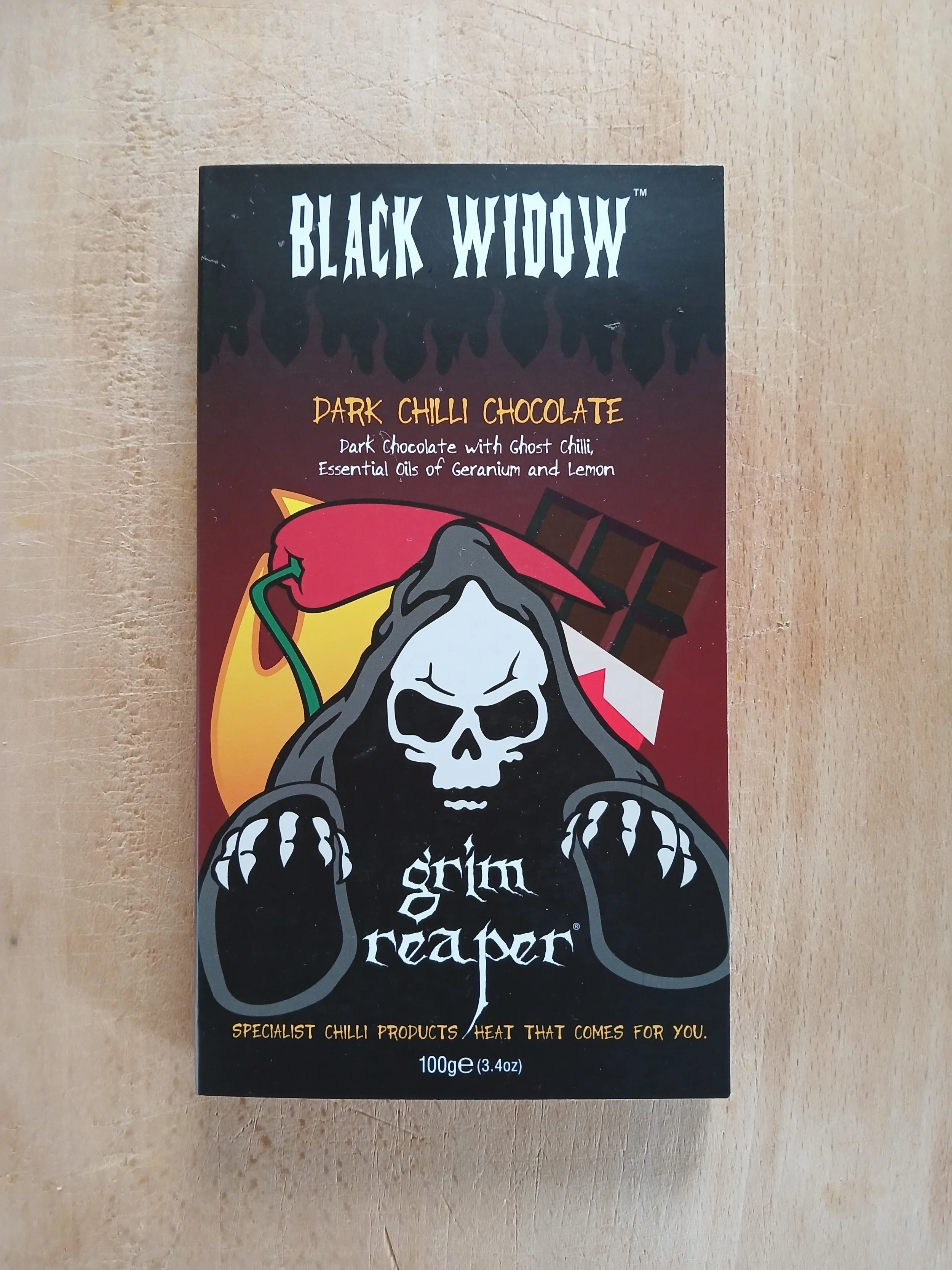 BLACK WIDOW - Ghost Chilli Dark Chocolate Bar (70% Cocoa) with Geranium & Lemon (Heat Level 8) 100g